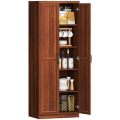 63" 2-Door Kitchen Pantry, Freestanding Storage Cabinet with 5-tier Shelving and 2 Adjustable Shelves for Dining Room, Brown