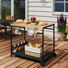 Outdoor Bar Cart Patio Serving Cart with Wine Holders Natural