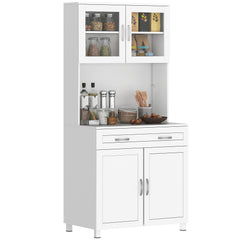 67" Buffet with Hutch, Modern Kitchen Pantry, Freestanding Cabinet with Glass Doors, Shelves and Drawers, White
