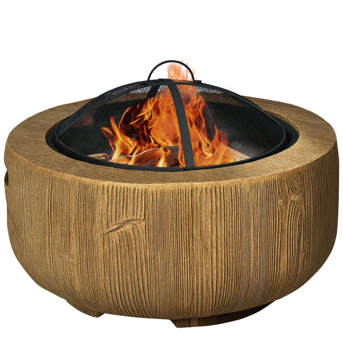 Outdoor Fire Pit, 24 Inch Metal Wood Burning Fireplace with Spark Cover, Poker, Woodgrain Design, Light Brown