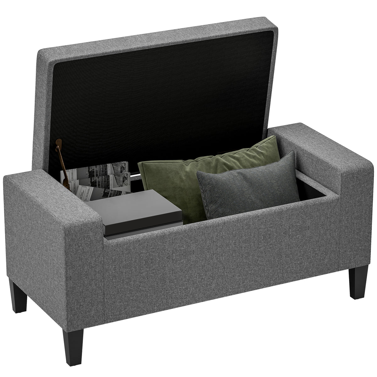36" Ottoman with Storage, Storage Ottoman Bench with Lift Top and Rubberwood Legs, Linen Upholstered Entryway Bench with Seating for Living Room, Bedroom, Holds up to 330 lb, Gray