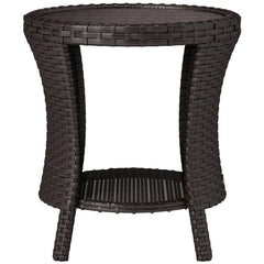 18" Wicker Outdoor Coffee Table, PE Rattan Patio Side Table with 2-Tier Storage, Composite Wood Top, Mixed Brown
