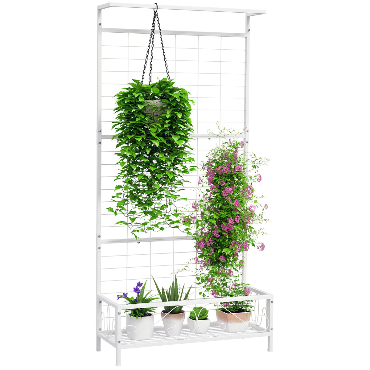 Metal Tall Plant Stand with Trellis and Hanging Bar, Plant Holder for Indoor Outdoor Use, 35" x 12.8" x 74", White