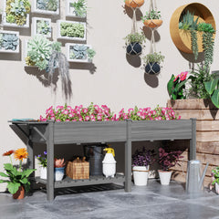 Wood Raised Garden Box, Elevated Garden Bed with Side Table, Bottom Shelf, Bed Liners and Drainage Holes, Gray