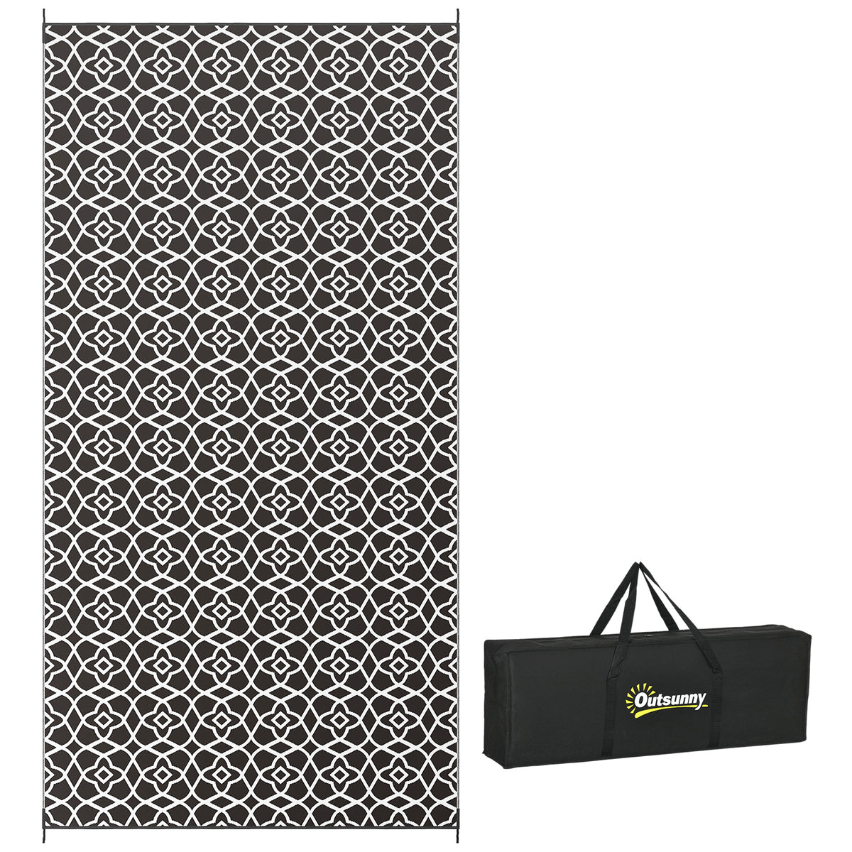 Reversible Outdoor Rug Carpet RV Camping Rugs with Carry Bag, 9' x 18', Black & White Clover