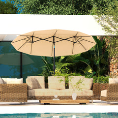 Double Sided Patio Umbrella, 9.7' Large Outdoor Market Umbrella with Push Button Tilt and Crank, 3 Air Vents and 12 Ribs, for Garden, Deck, Pool, Brown