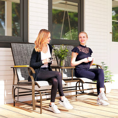 Outdoor 2-Person Glider Bench, Outside Glider Swing Chair Loveseat with Table, Steel Frame, Gray