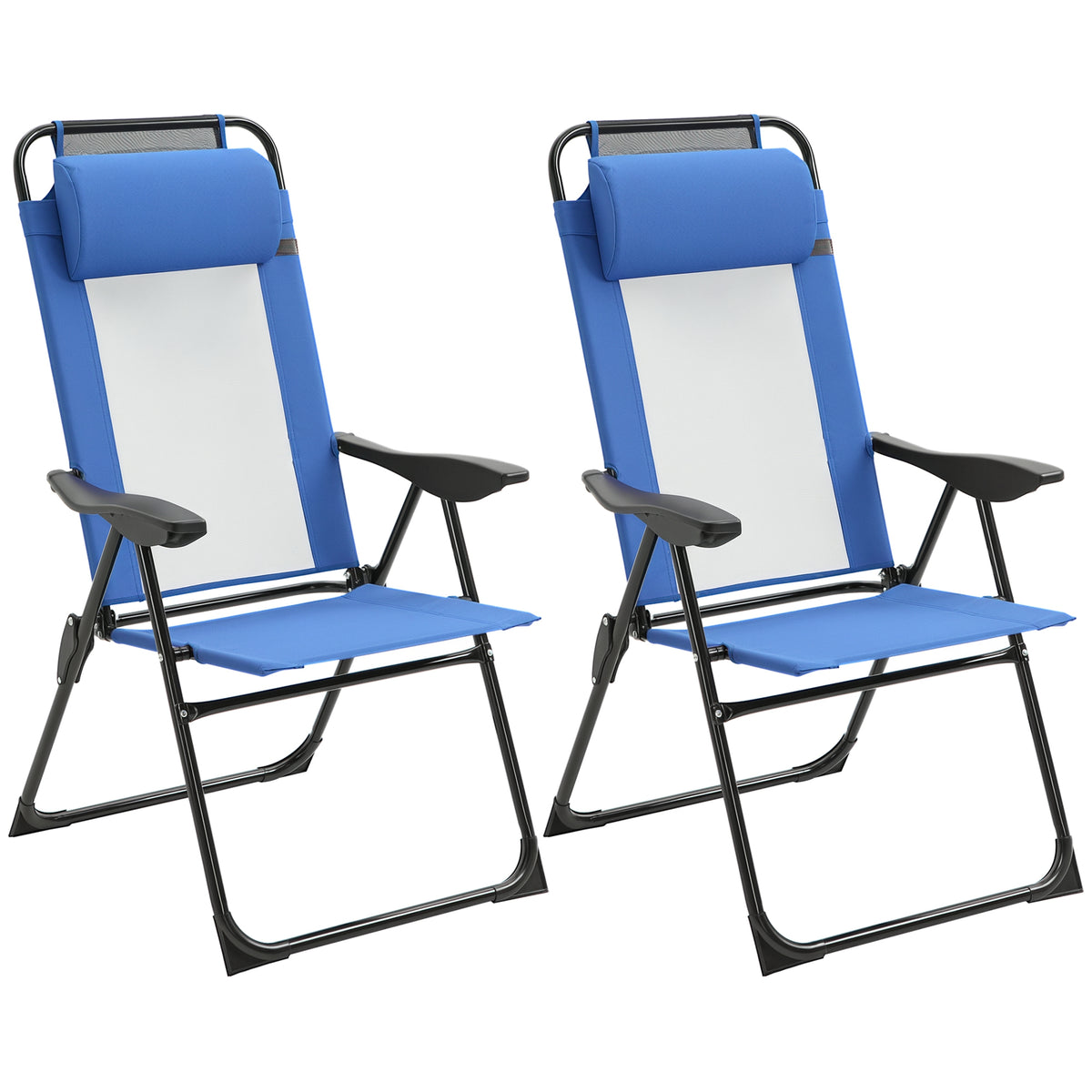 Folding Patio Dining Chairs Set of 2, Outdoor Deck Chair with Removable Headrest, Camping Chair with Adjustable Sling Back for Garden, Backyard, Lawn, Blue