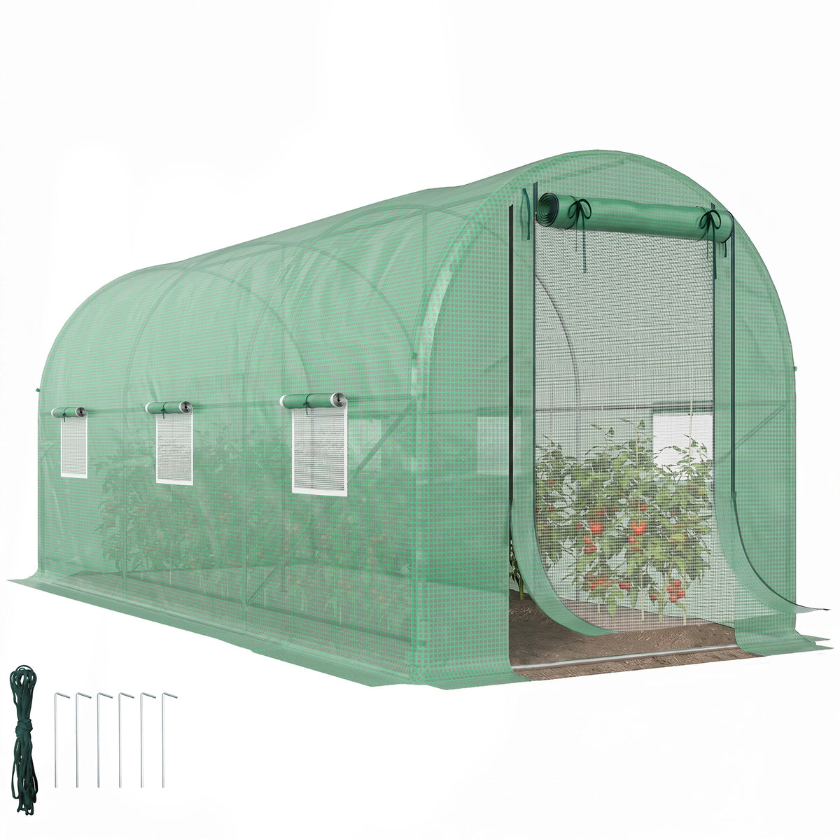 Hoop House Greenhouse, Walk-in Tunnel Greenhouse with 2 Support Rods, Zippered Roll-up Mesh Door, 14.6'x6.5'x6.6', Green