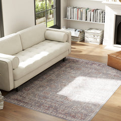 Machine Washable Area Rug 4x6, Non-Slip Traditional Flower Print Floor Carpet for Living Room, Bedroom, Grey and Brown