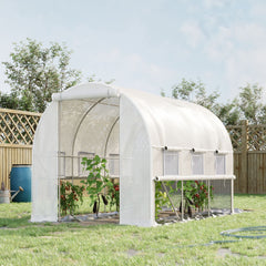 9.7' x 6.5' x 6.5' Walk-in Tunnel Greenhouse, Outdoor Green House with Anti-Tear PE Cover, Zipper Doors and Mesh Windows, White