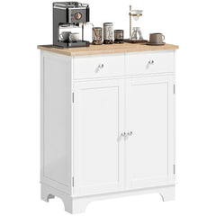 Kitchen Storage Cabinet, Sideboard Floor Cupboard with Solid Wood Top, Adjustable Shelf, and 2 Drawers, White