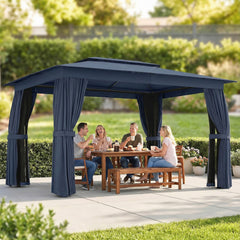 10' x 12' Outdoor Patio Gazebo, Soft Top Gazebo Canopy Shelter with Curtains, Netting, Steel Frame, Hooks, Blue