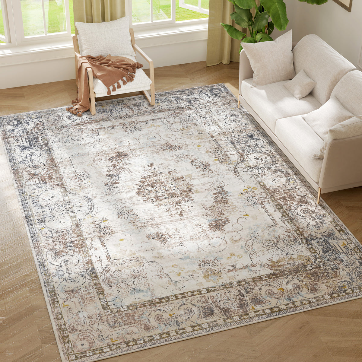 6x9 Boho Area Rug, Machine Washable Carpet for Living Room, Bedroom, Dining Room, Kitchen, Home Office, Brown