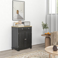 Kitchen Storage Cabinet, Sideboard Floor Cupboard with Solid Wood Top, Adjustable Shelf, and 2 Drawers, Distressed Black