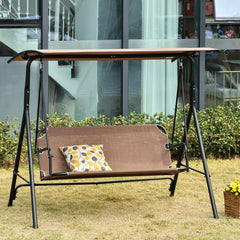2-Seater Patio Swing Chair, Outdoor Adjustable Canopy Porch Swing with Armrests, Texeline Fabric and Steel Frame, Brown