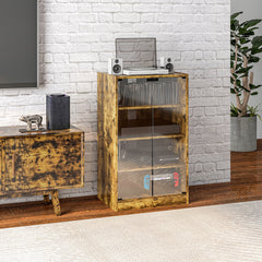5-Tier Media Cabinet, Media Stand with Adjustable Shelves, Tempered Glass Doors, and Cable Management, Rustic Brown