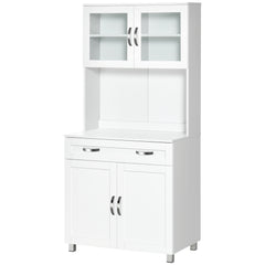 67" Buffet with Hutch, Modern Kitchen Pantry, Freestanding Cabinet with Glass Doors, Shelves and Drawers, White