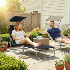Outdoor Pool Chaise Lounge Chair, Folding Tanning Chair with Sun Shade, Black