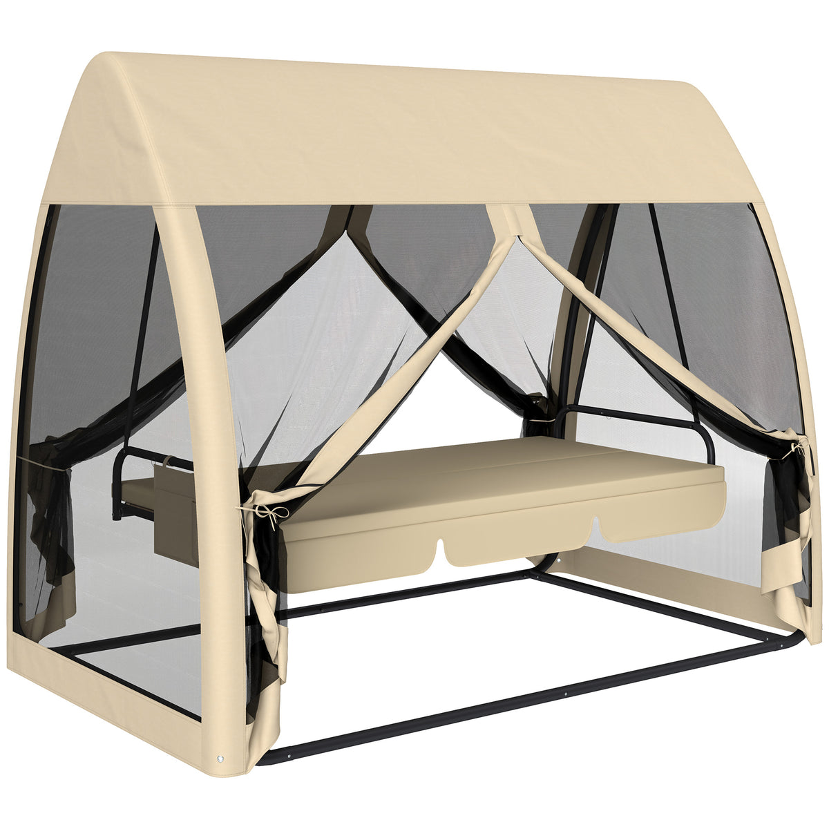 3 Seat Outdoor Swing Chair Convertible Covered Day Bed with Canopy, Mesh Netting, Steel Stand for Garden, Patio, Coffee