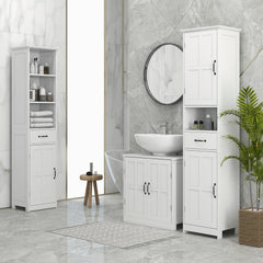 Modern Bathroom Cabinet, Narrow Storage Cabinet with Open Shelf, Drawer, Recessed Doors and Adjustable Shelves, White
