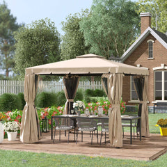 10' x 10' Patio Gazebo, Aluminum Frame Double Roof Outdoor Gazebo Canopy Shelter with Netting & Curtains, for Garden, Lawn, Backyard and Deck, Khaki