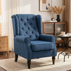 Fabric Tufted Club Accent Chair with Wooden Legs, Blue