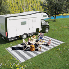 Reversible Outdoor Rug, 9' x 18' Waterproof Plastic Straw Floor Mat, Portable RV Camping Carpet, Large Floor Mat for Backyard, Deck, Picnic, Beach, Gray & White Striped