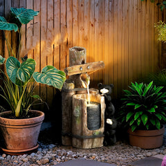 22.8" Water Fountain, 3-Tier Resin Bears on Log Outdoor Waterfall Fountain with LED Lights, Pump