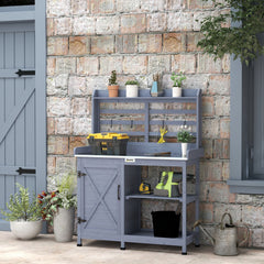 Wooden Potting Bench with Storage, Aluminum Tabletop for Backyard, Patio, Balcony, Gray