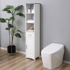Tall Bathroom Storage Cabinet, Narrow Bathroom Cabinet with 3 Tier Shelving, Drawer and Adjustable Shelves, Slim Freestanding Linen Tower, White