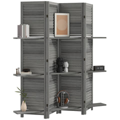4 Panel 67" Tall Wood Privacy Screen Room Divider with 3 Shelves and Folding Storage for Bedroom, Gray