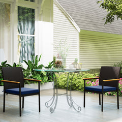 Stackable Patio Wicker Dining Chair Set of 2 with Cushions, Backrest, Armrests for Deck, Garden, Navy Blue