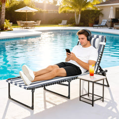 Folding Chaise Lounge Pool Chair with 4-Position Reclining Back, Pillow, Breathable Mesh & Bungee Seat, Blue & White