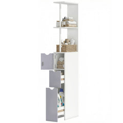 54" Tall Bathroom Storage Cabinet,  Linen Tower with Shelf and Drawers, Narrow Side Floor Organizer, Grey and White