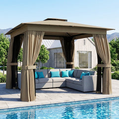 10' x 10' Outdoor Patio Gazebo, Soft Top Gazebo Canopy Shelter with Curtains, Netting, Steel Frame, Hook, Khaki