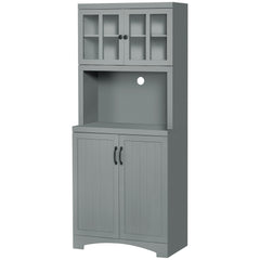 Storage Cabinet with Adjustable Shelves and Microwave Space, 70" Pantry Cabinet with Glass Framed Door, Gray