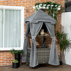 Outdoor Towel Valet Caddy, Covered Poolside Towel Holder Rack, Shelf, Basket, Rolling PE Rattan Wicker Storage on Wheels, Gray