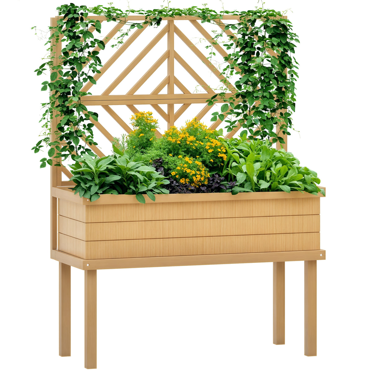 Elevated Wood Planter with Trellis for Climbing Plants, Raised Garden Bed with Legs and Drainage Holes, Natural Wood