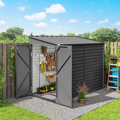 4.6' x 9' Outdoor Storage Shed, Lean to Metal Shed with Foundation Kit, Lockable Doors and Gloves for Patio, Lawn, Dark Gray