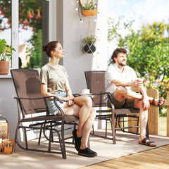 Outdoor Glider Chairs with Coffee Table, Patio 2-Seat Rocking Chair Swing Loveseat with Breathable Sling for Backyard, Garden, and Porch, Coffee Brown