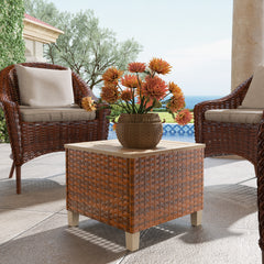 Outdoor Side Table with PE Rattan, Patio End Table with Natural Fir Wood Tabletop and Legs, Weather Resistant Accent Table for Patio Pool Porch, Brown
