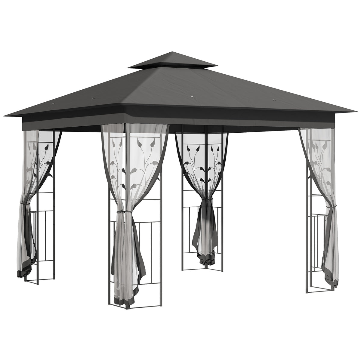  10' x 10' Metal Patio Gazebo, Double Roof Outdoor Gazebo Canopy Shelter with Tree Motifs Corner Frame and Netting, for Garden, Lawn, Backyard, and Deck, Gray