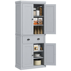 72" Traditional Kitchen Pantry Cabinet, Freestanding Tall Storage Cabinet with 4 Doors, Drawer and 3 Adjustable Shelves for Dining Room, Gray