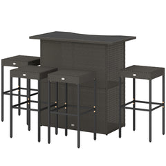 5 Piece Rattan Wicker Bar Set, High Top Outdoor Table and Chairs, Bar Height Patio Set, 2 Shelves & 4 Bar Stools, Brown
