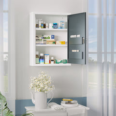 Bathroom Medicine Cabinet with Shelves Inside & On Door, Locking Medical Cabinet for Child & Pet Safety, First Aid Bathroom Wall Cabinet, White and Grey