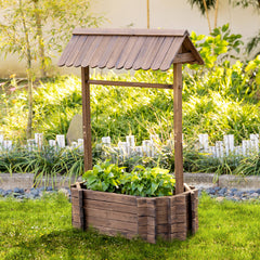 Wooden Wishing Well Raised Garden Bed, Ornamental Outdoor Flower Planter for flowers, herbs, vegetables, Rustic Brown