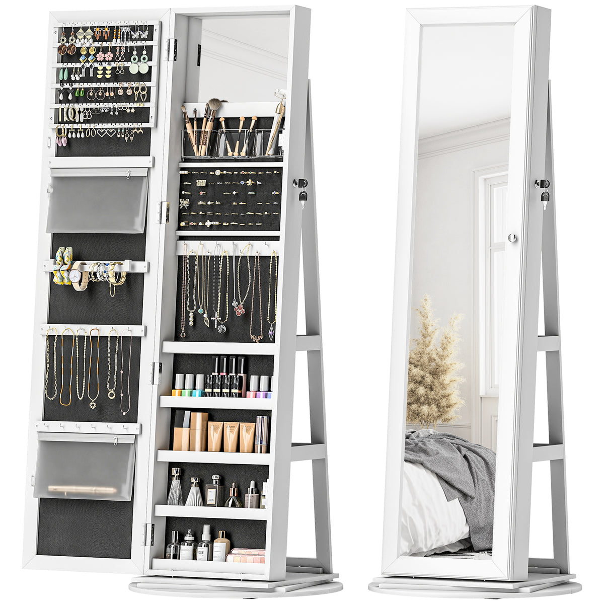 360° Swivel Jewelry Armoire, Lockable Jewelry Cabinet with Full-Length Mirror, Storage Shelves, White