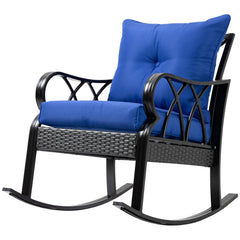 Outdoor Wicker Rocking Chair with Padded Cushions, Aluminum Furniture Rattan Porch Rocker Chair w/ Armrest for Garden, Patio, and Backyard, Blue