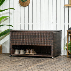 Outdoor Deck Box & Shoe Storage, PE Rattan Wicker Towel Rack with Liner for Indoor, Outdoor, Patio Furniture Cushions, Pool, Garden Tools, Brown